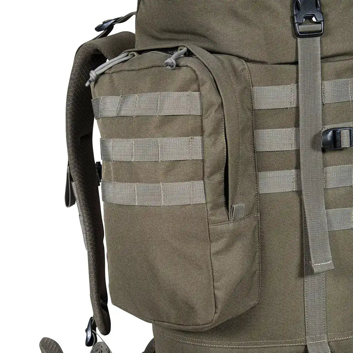 Detailed view of side pouch on Highlander Forces Elite 88L Bergen Pack, featuring MOLLE webbing for modular attachments.  from  John Bull Clothing 