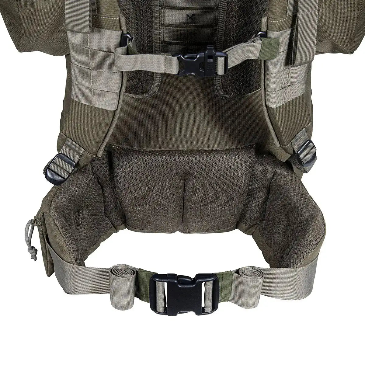 Padded hip belt and adjustable sternum strap on Highlander Forces Elite 88L Pack for ergonomic weight distribution and support.  from  John Bull Clothing 