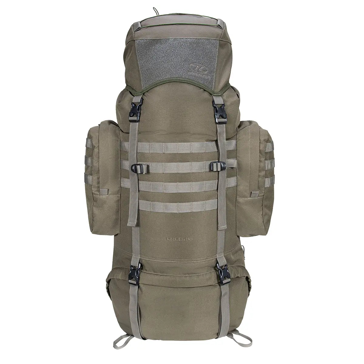 Khaki Highlander Forces Elite 88 Litre Bergen Pack featuring heavy-duty straps and side compartments for tactical and adventure gear.