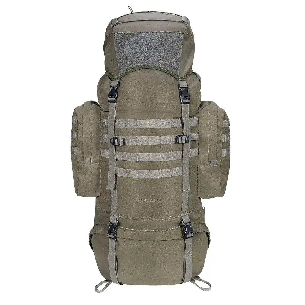 Khaki Highlander Forces Elite 88 Litre Bergen Pack featuring heavy-duty straps and side compartments for tactical and adventure gear. Ranger Green from  John Bull Clothing  Ranger Green from  John Bull Clothing 