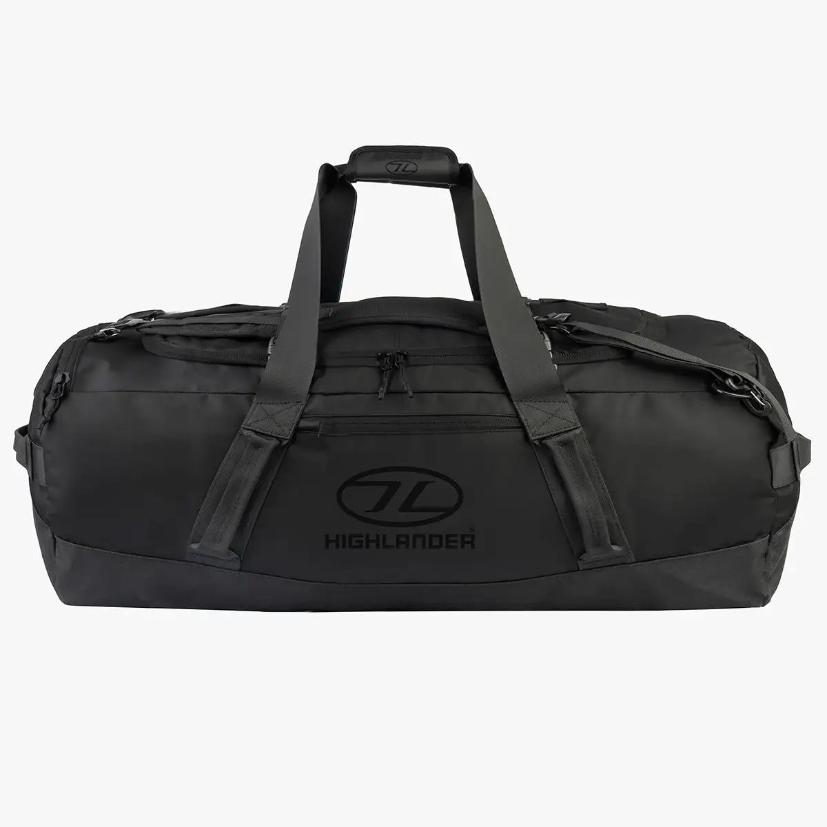 Large Highlander Hauler Duffel Bag in black, featuring reinforced straps and a spacious main compartment for heavy-duty packing needs. 120 litre from  John Bull Clothing 