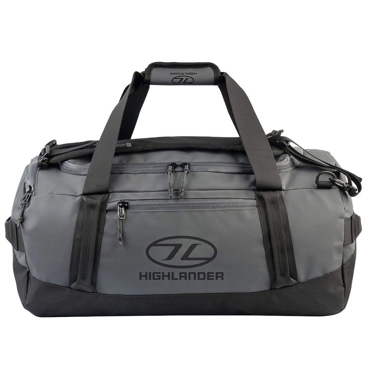 Highlander Hauler Duffel Bag in grey with black details, designed for durability and spacious storage, ideal for travel and outdoor adventures.