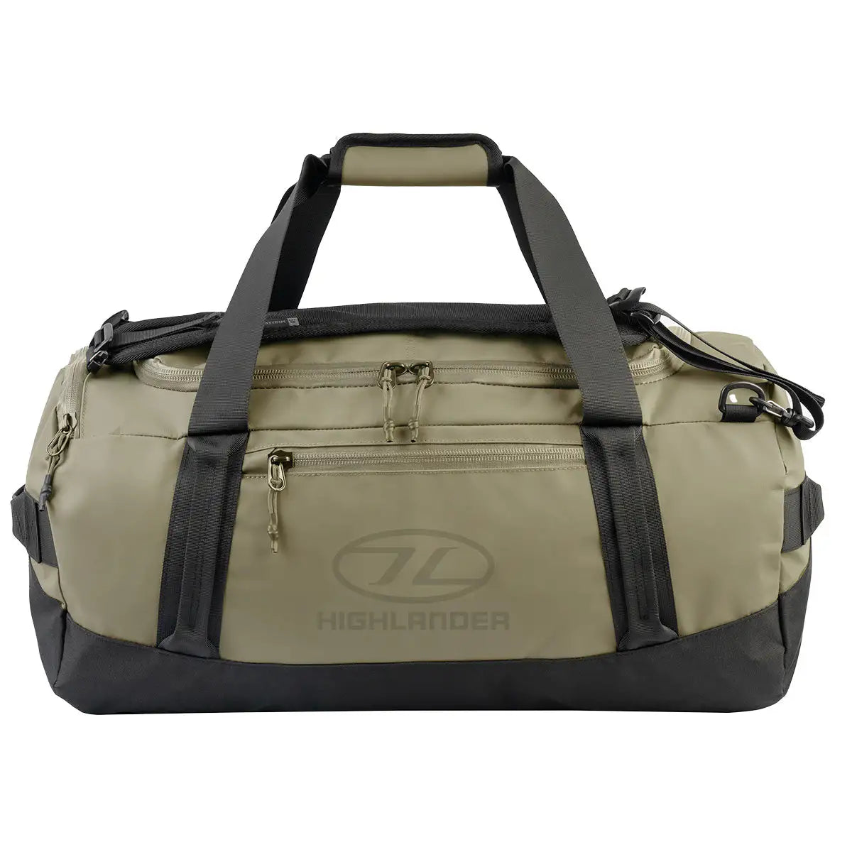 Highlander Hauler Duffel Bag in green with black accents, featuring durable 600D PVC material and multiple compartments for versatile storage. 45 litre from  John Bull Clothing 