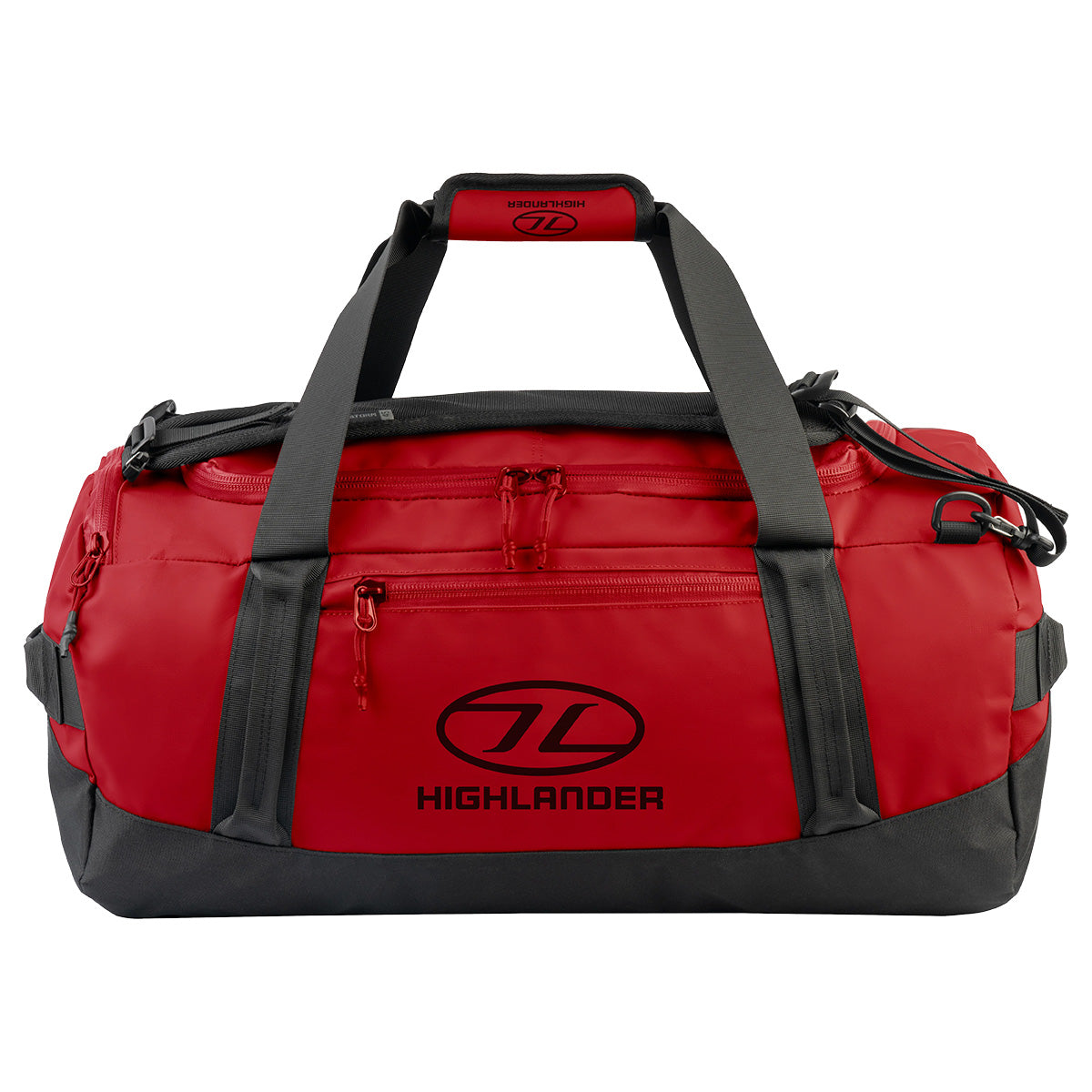 Highlander Hauler Duffel Bag in red with black accents, offering a rugged design with multiple compartments for efficient packing and transport.