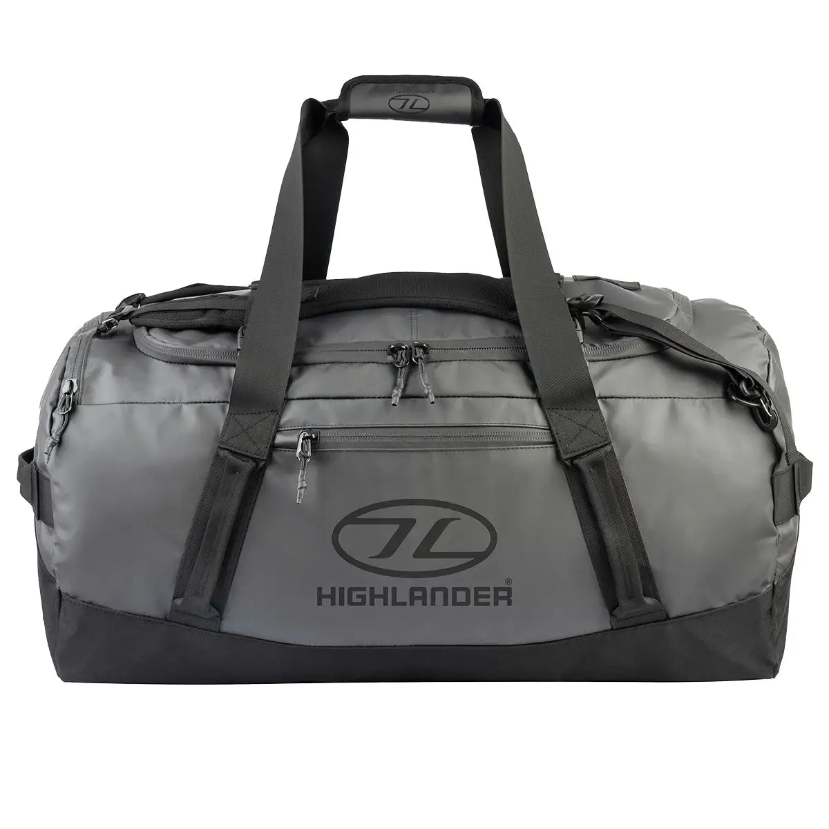 Highlander Hauler Duffel Bag in grey, medium size with multiple compartments and sturdy straps, perfect for travel and sports activities. 90 litre from  John Bull Clothing 