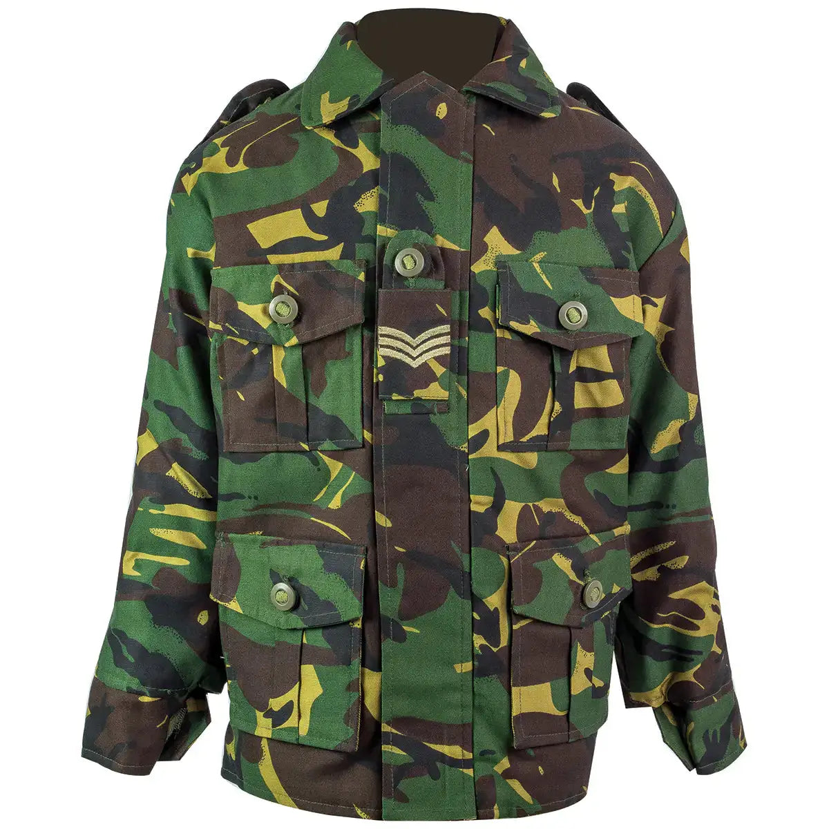 Kids camouflage army jacket with multiple pockets, button details, in green and brown camo pattern, ideal for outdoor adventures