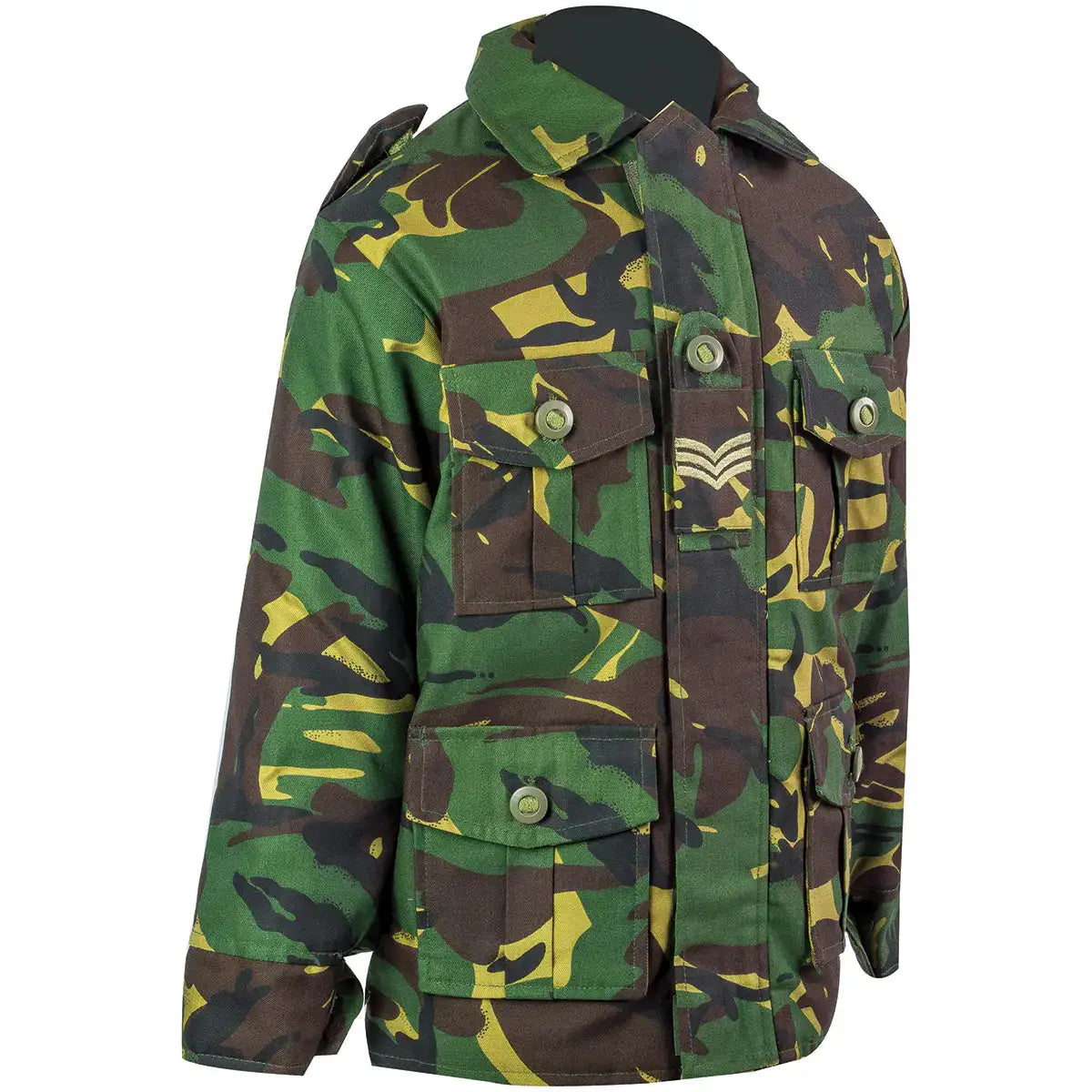 Kids camouflage army trousers with multiple cargo pockets, in green, brown, and black camo pattern, comfortable for active wear