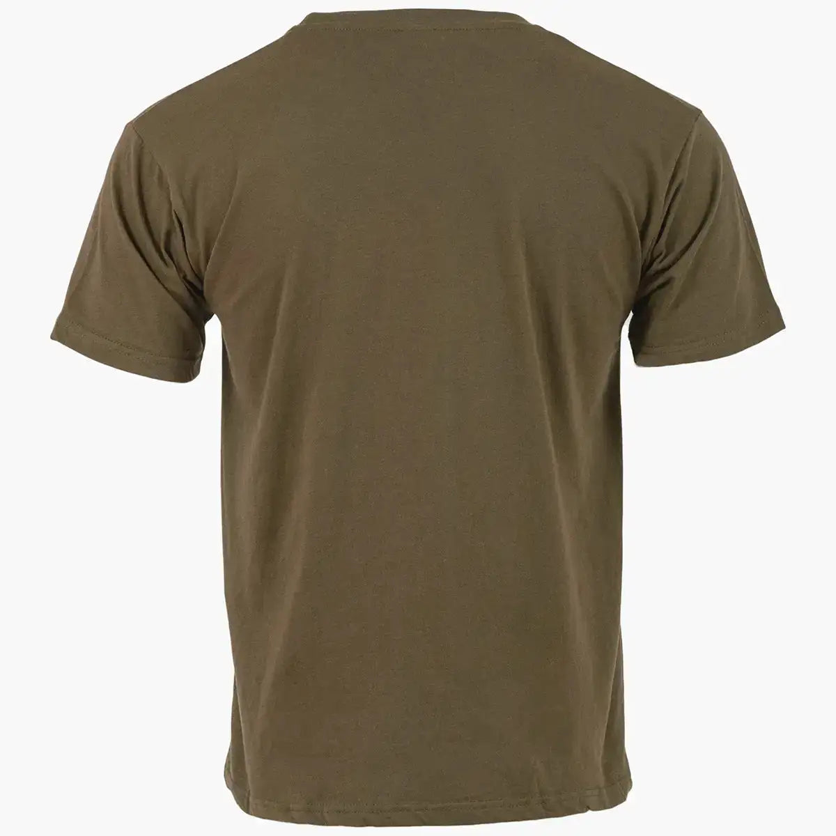 Olive green military-style T-shirt made of soft cotton fabric, short sleeves, round neckline, casual wear for outdoor activities