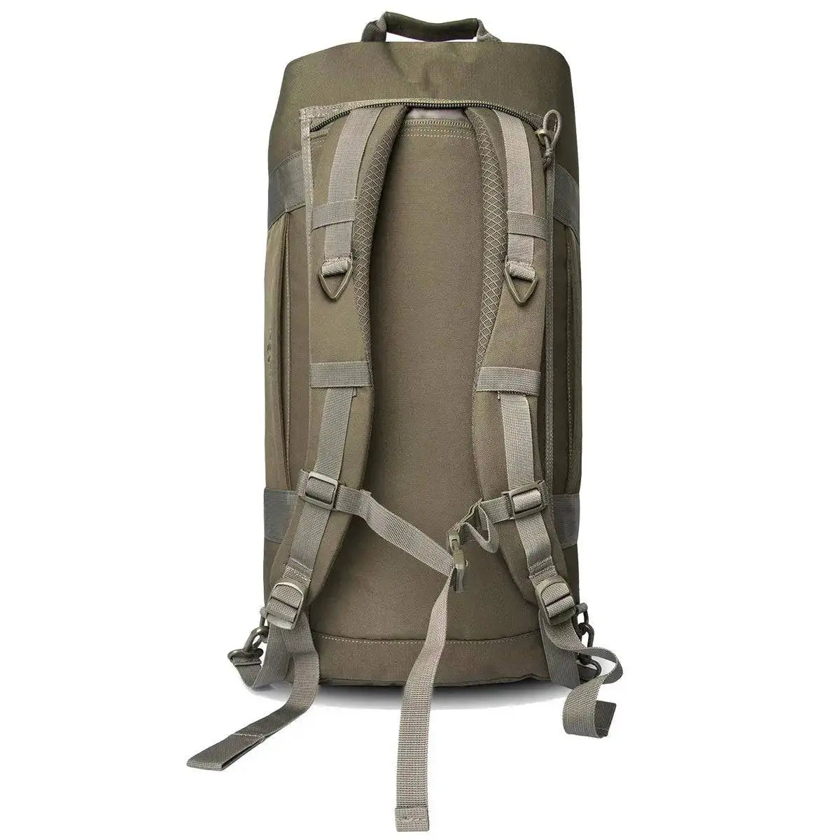 Back view of Highlander Loader 100L Holdall Bag Gen2 in olive green, featuring padded backpack straps for comfortable carrying and reinforced stitching.  from  John Bull Clothing 