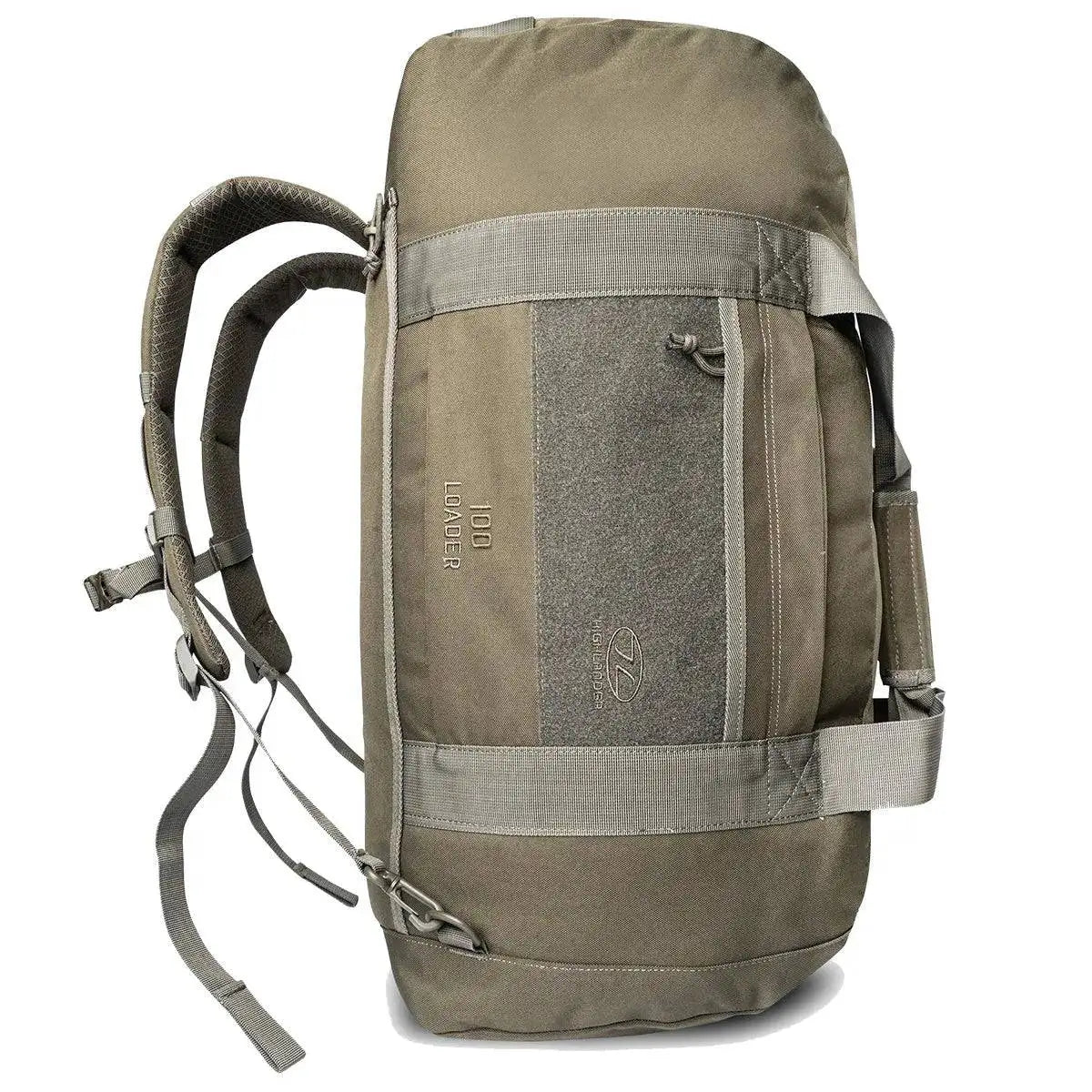 Highlander Loader 100L Holdall Bag Gen2 in olive green, shown in a vertical position with backpack straps for versatile carrying options.  from  John Bull Clothing 
