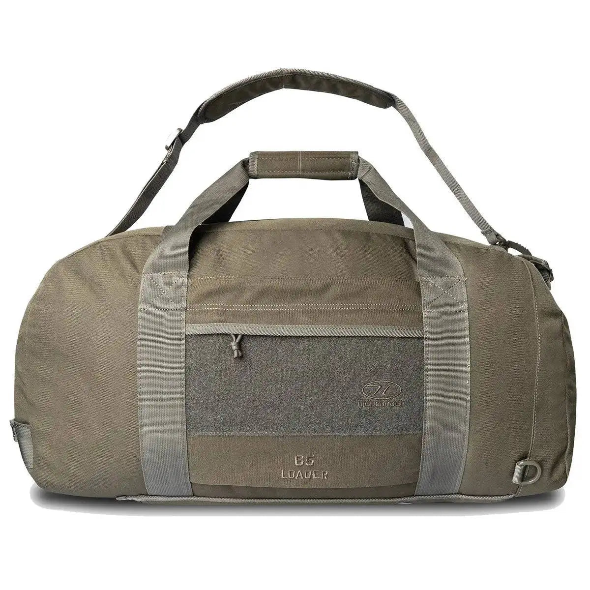 Highlander Loader 65L Holdall Bag Gen2 in olive green featuring a detachable shoulder strap, sturdy handles, and a spacious main compartment for gear.  from  John Bull Clothing 