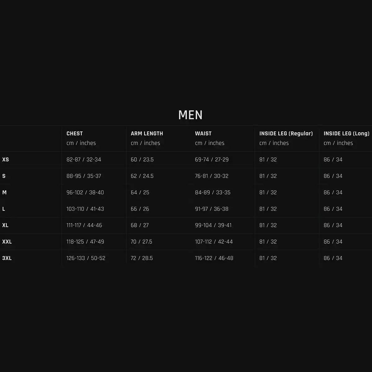 Men's size chart for Stoirm Mission Primaloft Waterproof Jacket Multicam, showing chest, arm, waist, and leg measurements in cm and inches.  from  John Bull Clothing 