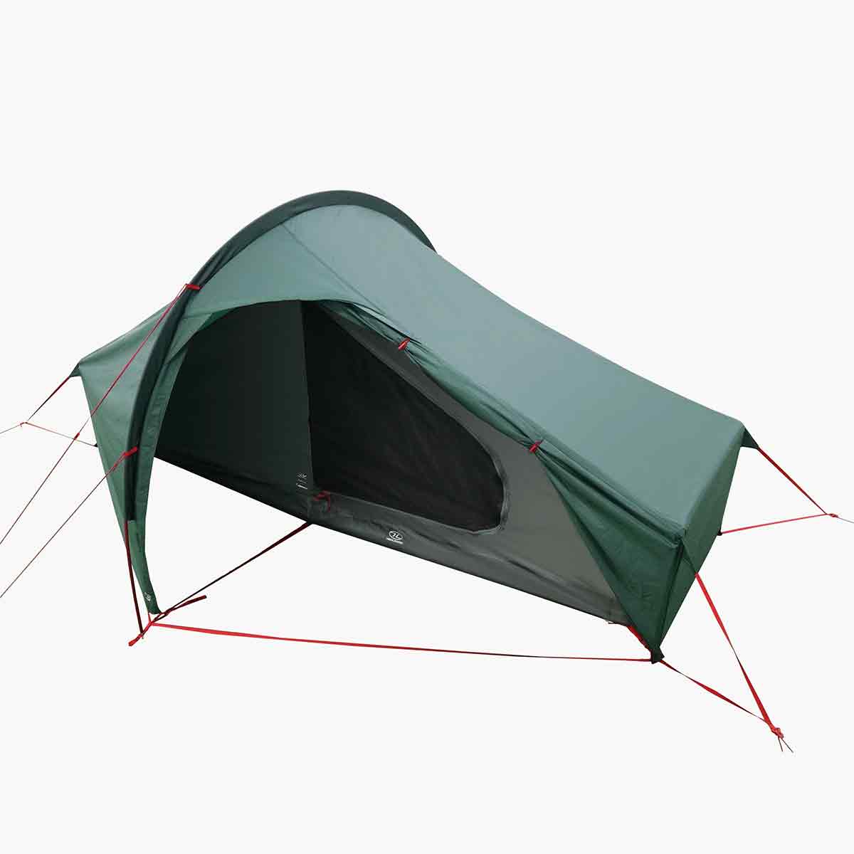 Highlander Refuge 1 Person Hooped Tent - Pine Green with front entrance open, showcasing compact solo camping design and waterproof polyester build.