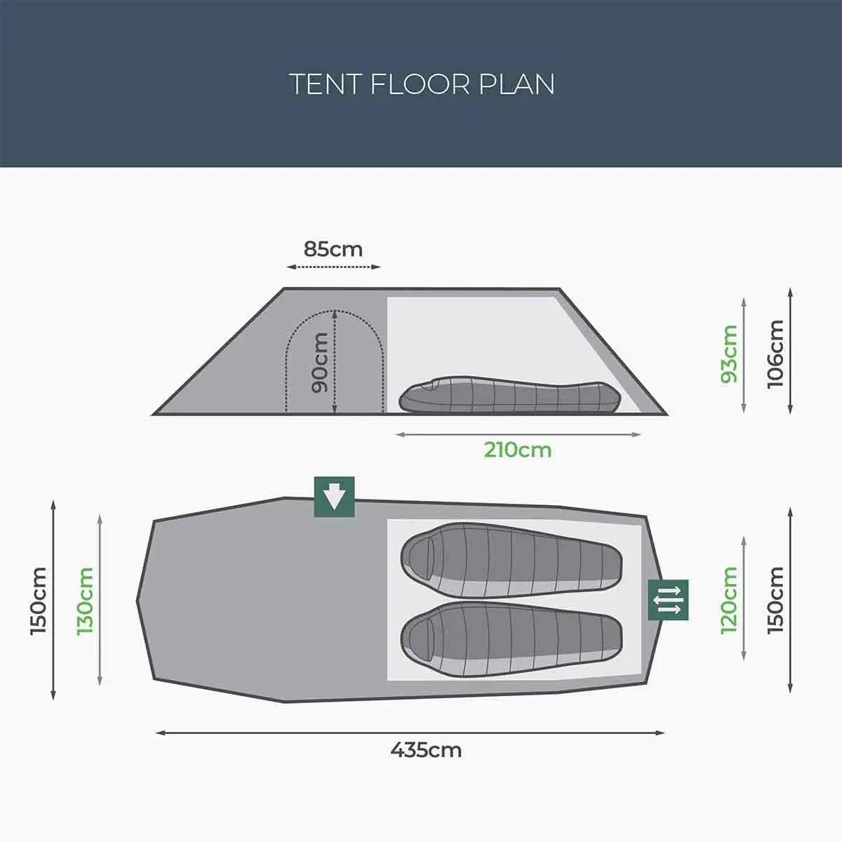 Tent floor plan of Highlander Respite 2 Person Extended Tunnel Tent detailing dimensions, sleeping area, and vestibule layout for two adults.  from  John Bull Clothing 