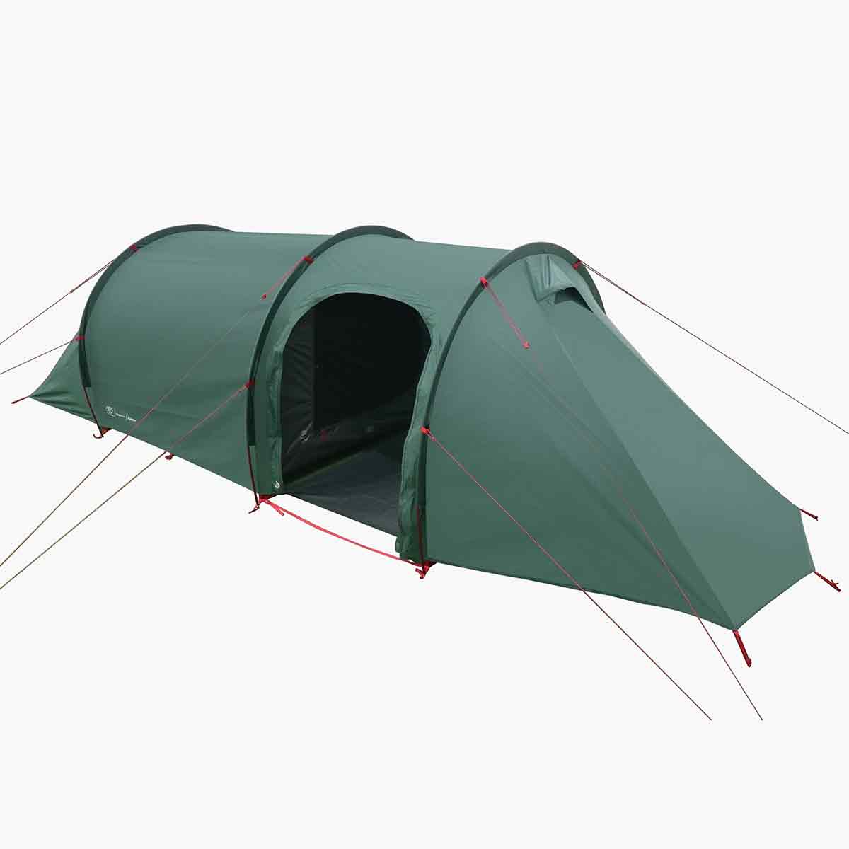 Highlander Respite 2 Person Extended Tunnel Tent partially open showing spacious vestibule, perfect for couples on hiking or camping trips.