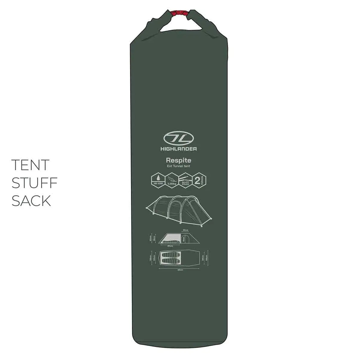 Highlander Respite 2 Person Extended Tunnel Tent packed in stuff sack with printed setup guide, ideal for compact storage and transport.  from  John Bull Clothing 