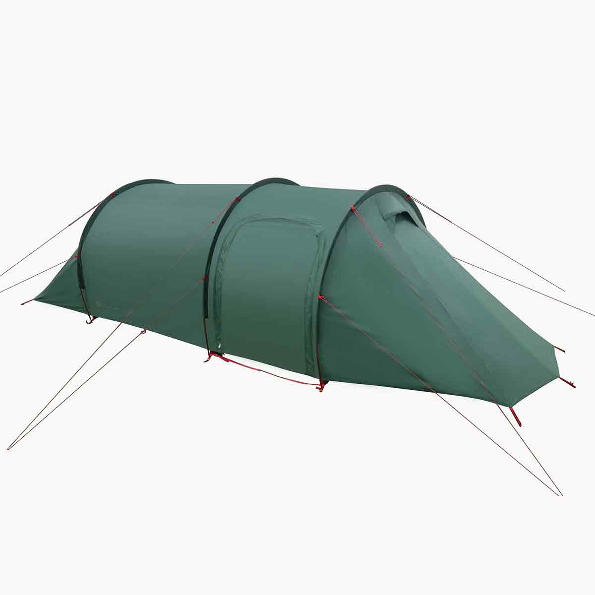 Highlander Respite 2 Person Extended Tunnel Tent in pine green with aerodynamic shape and guy lines for stability, ideal for outdoor camping.