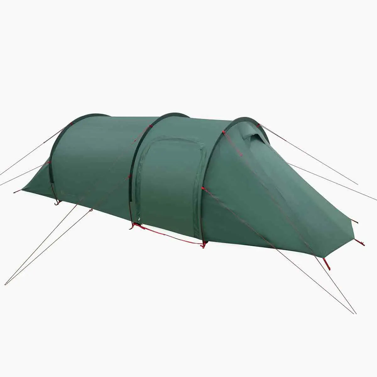 Highlander Respite 2 Person Extended Tunnel Tent in pine green with aerodynamic shape and guy lines for stability, ideal for outdoor camping.  from  John Bull Clothing 