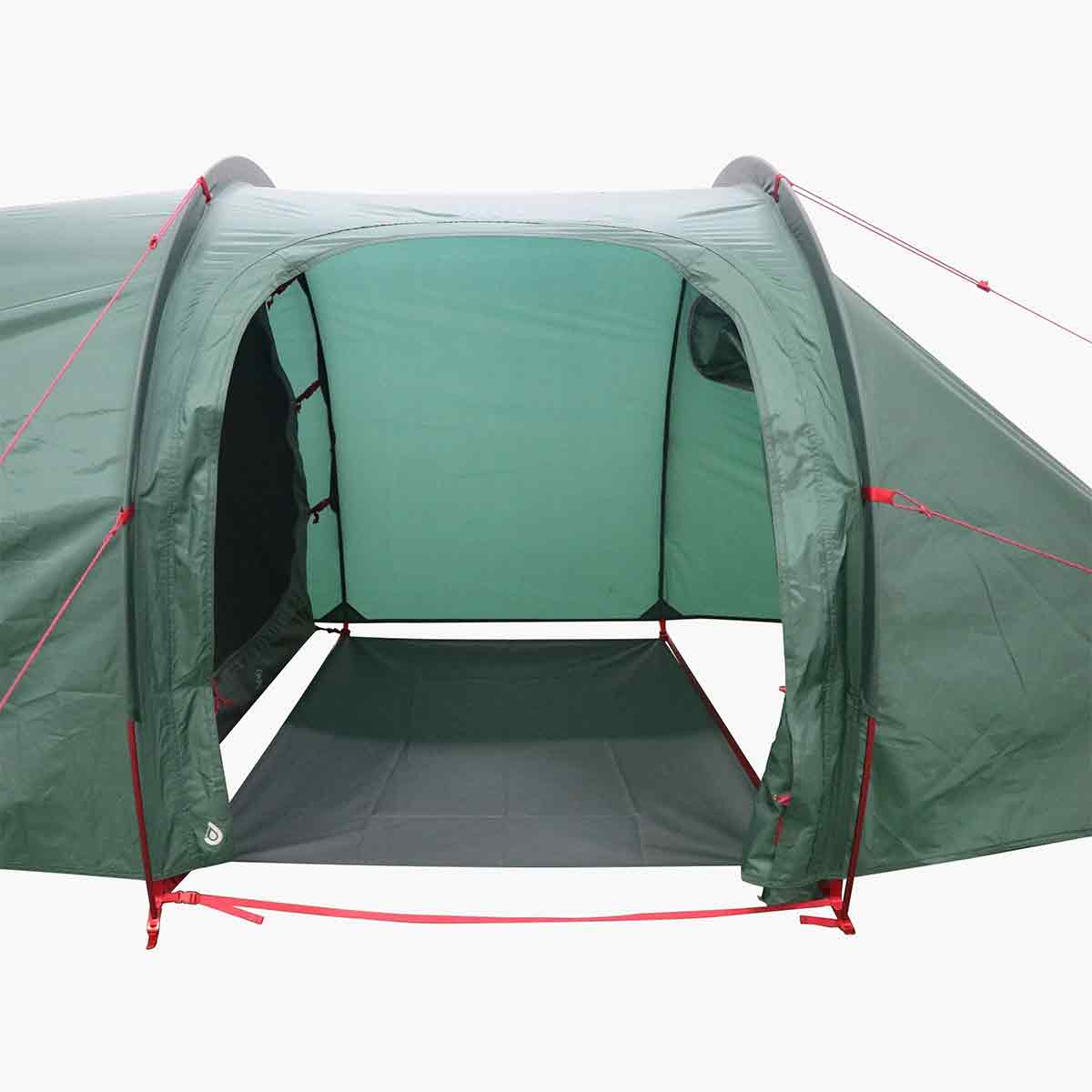Interior view of Highlander Respite 2 Person Extended Tunnel Tent showcasing vestibule area and mesh door for ventilation and gear storage.