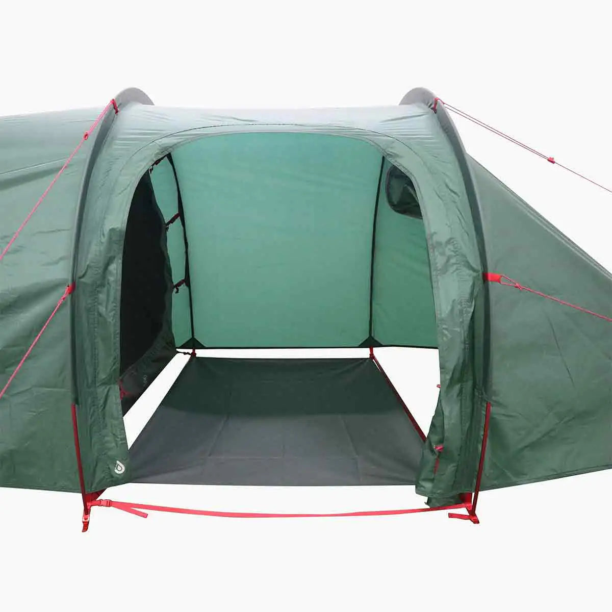 Interior view of Highlander Respite 2 Person Extended Tunnel Tent showcasing vestibule area and mesh door for ventilation and gear storage.  from  John Bull Clothing 