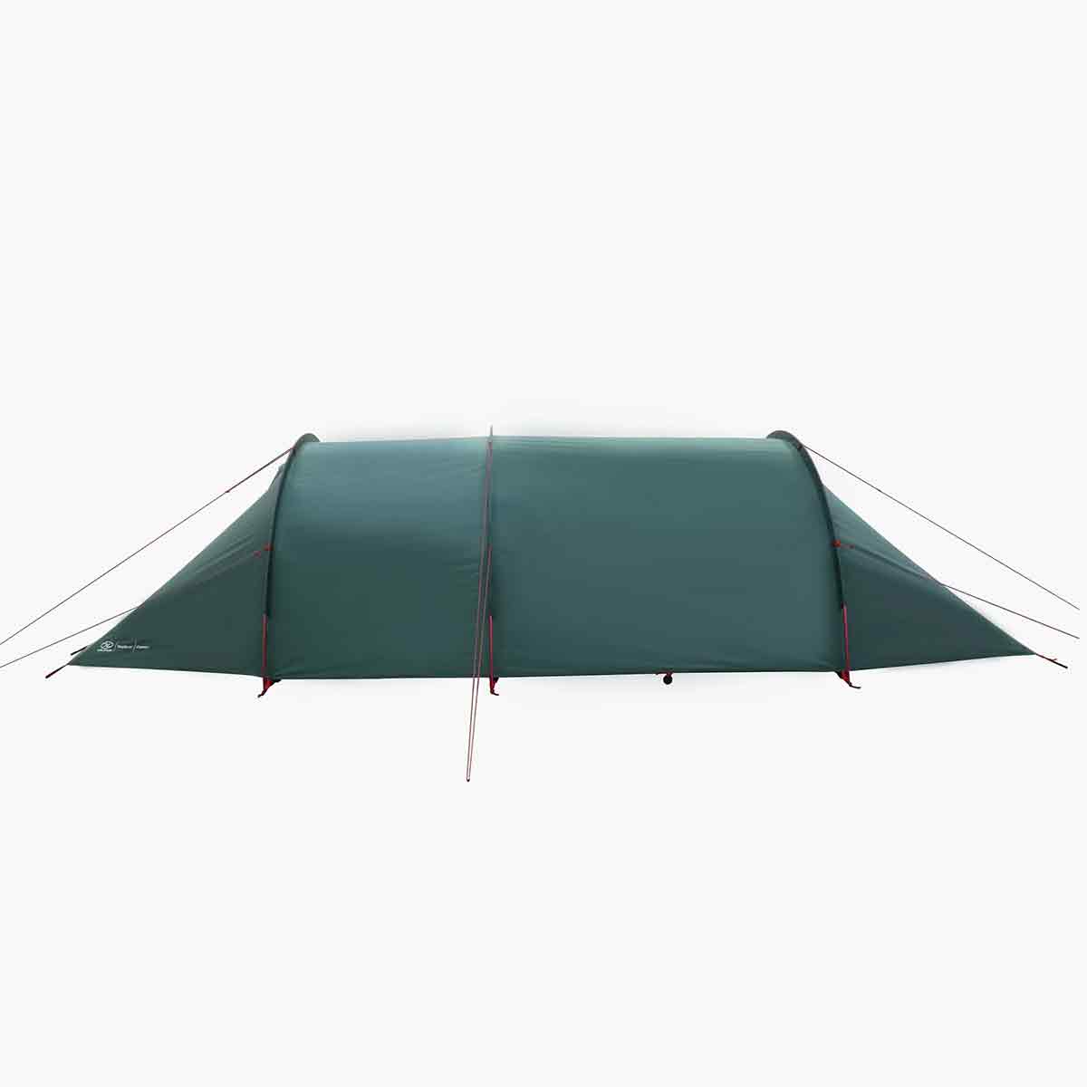 Opposite side view of Highlander Respite 2 Person Extended Tunnel Tent with guy lines and low-profile structure for wind resistance.