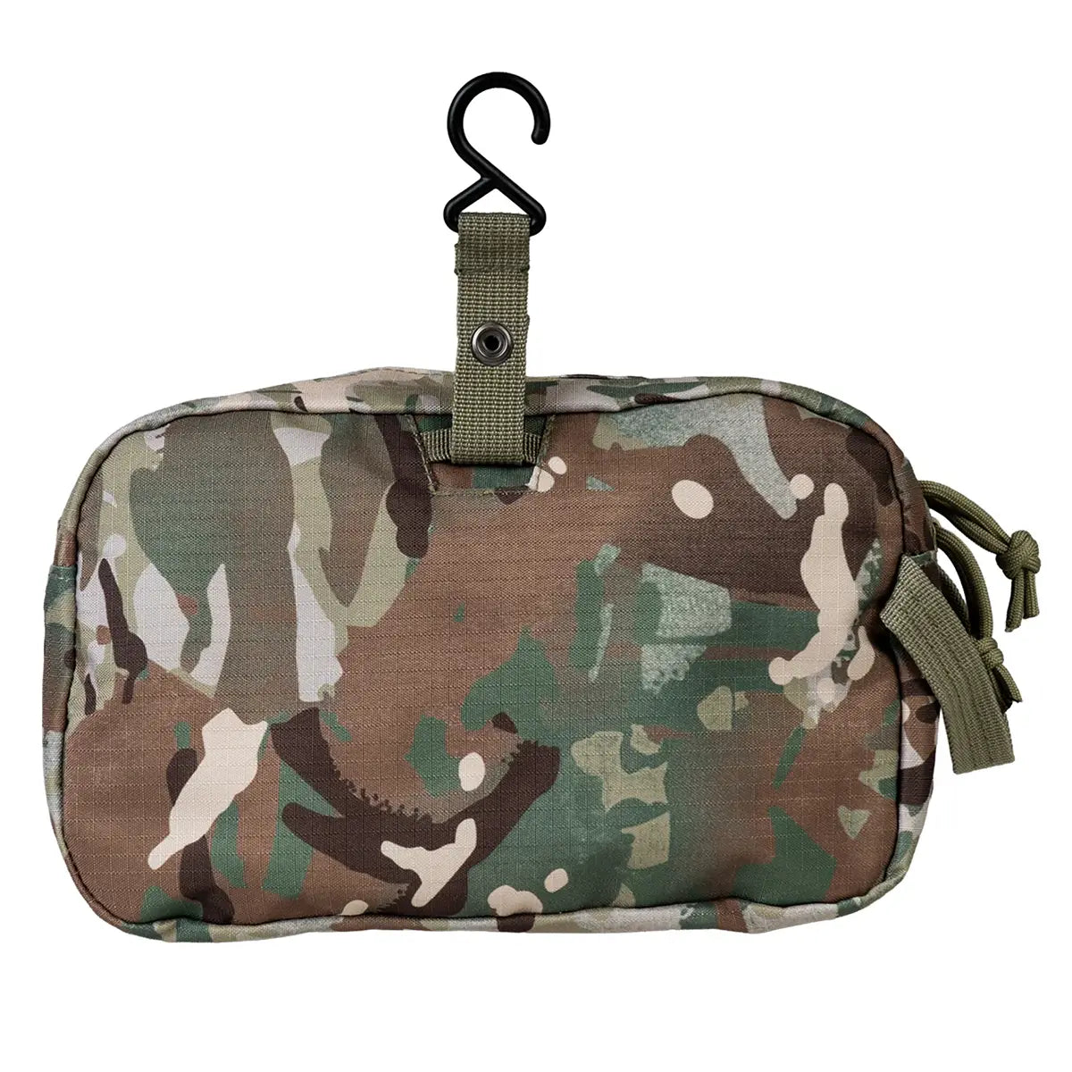 Highlander Forces Sancho camouflage toiletry bag with hanging hook, front zip pocket, polyester material, versatile travel storage, SKU: JB1639