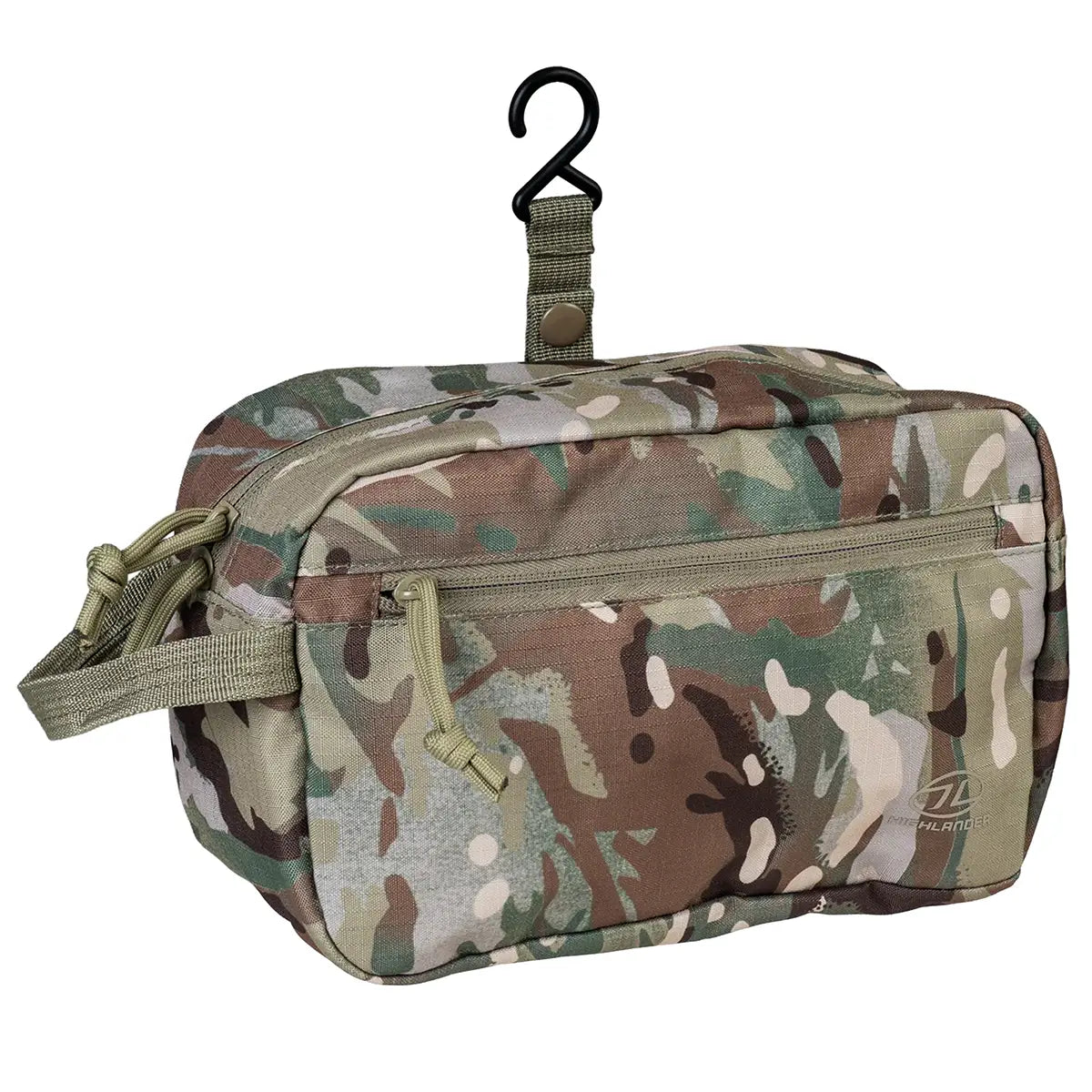 Rear view of Highlander Sancho military toiletry bag in camouflage pattern with hanging hook, polyester fabric, compact design, SKU: JB1639