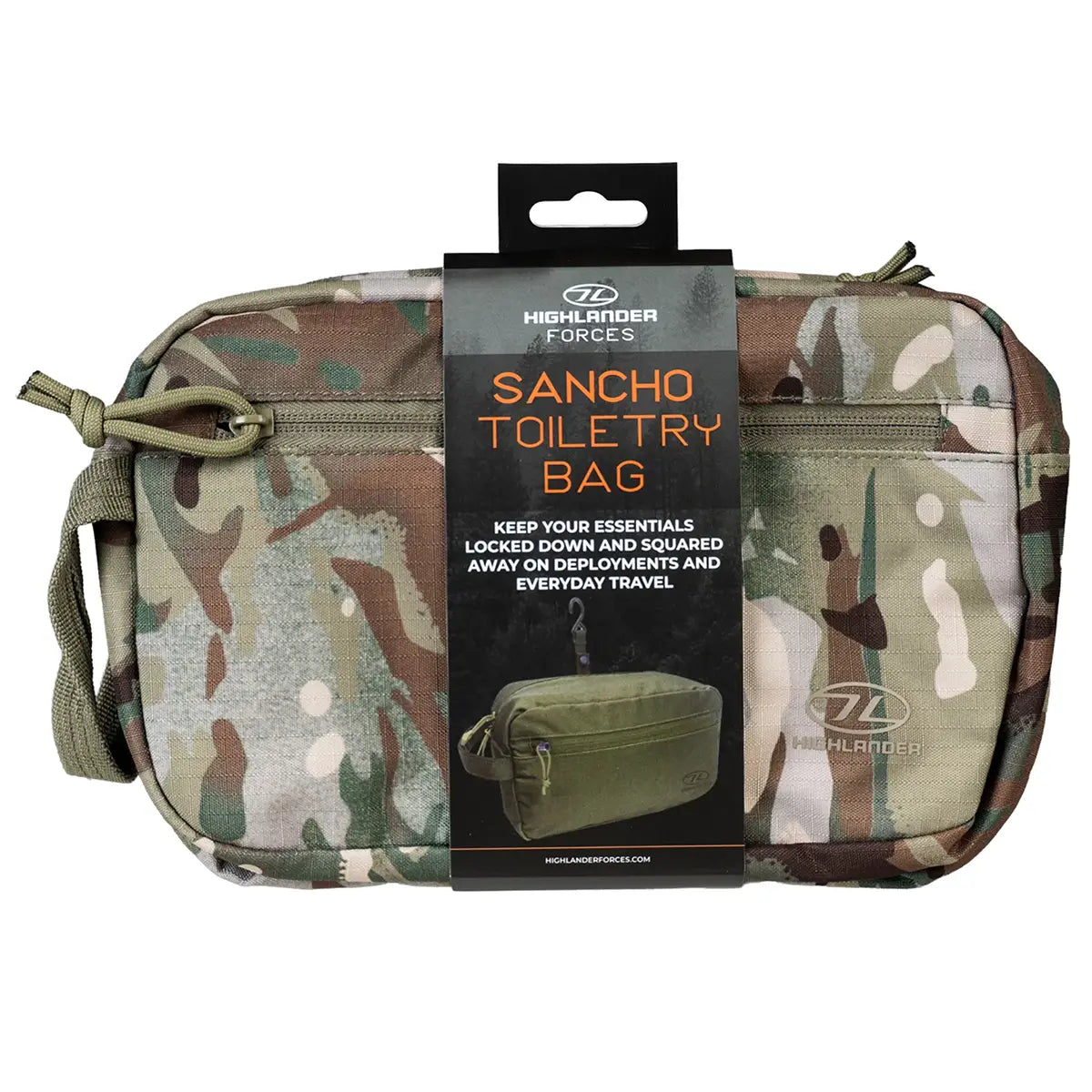 Camouflage Highlander Sancho military toiletry bag made of durable polyester with multiple zippered compartments, compact design for travel, SKU: JB1639