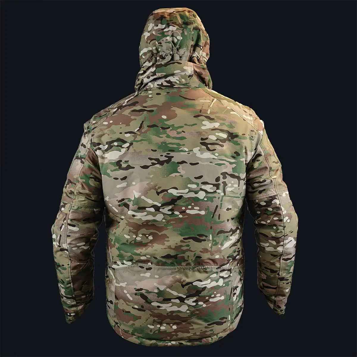 Back view of Stoirm Mission Primaloft Waterproof Jacket Multicam on dark backdrop showcasing hood and ergonomic cut for outdoor use.