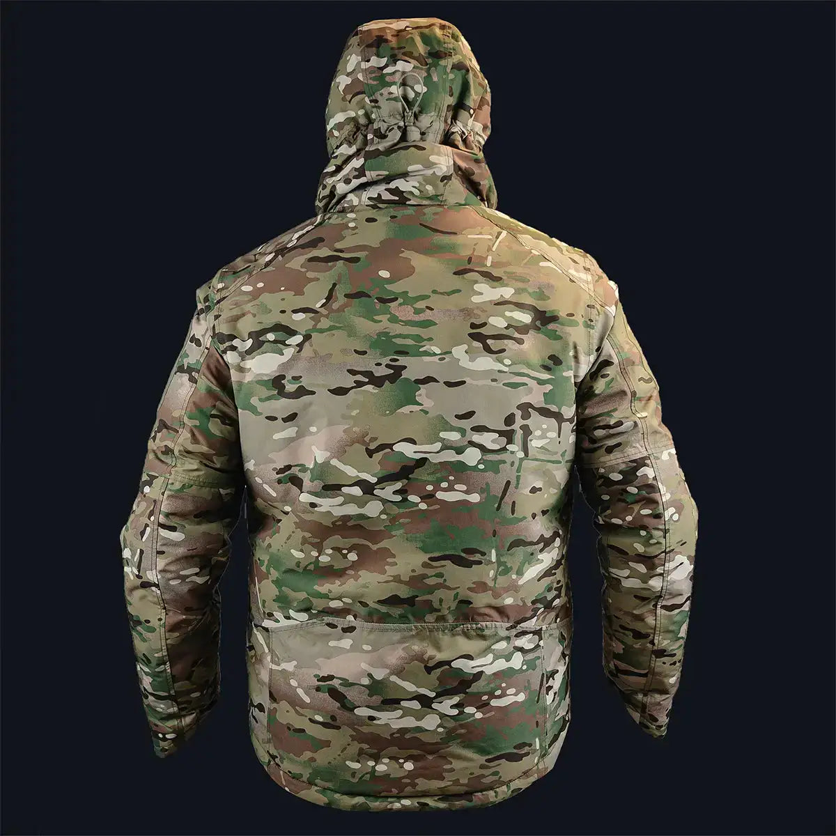 Back view of Stoirm Mission Primaloft Waterproof Jacket Multicam on dark backdrop showcasing hood and ergonomic cut for outdoor use.  from  John Bull Clothing 