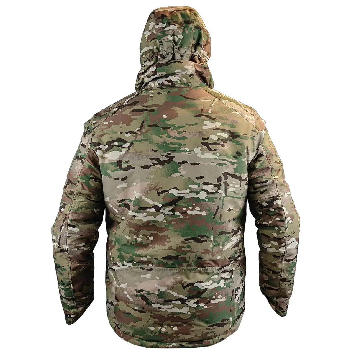 Rear view of Stoirm Mission Primaloft Waterproof Jacket Multicam highlighting full camouflage pattern and insulated tactical outerwear fit.