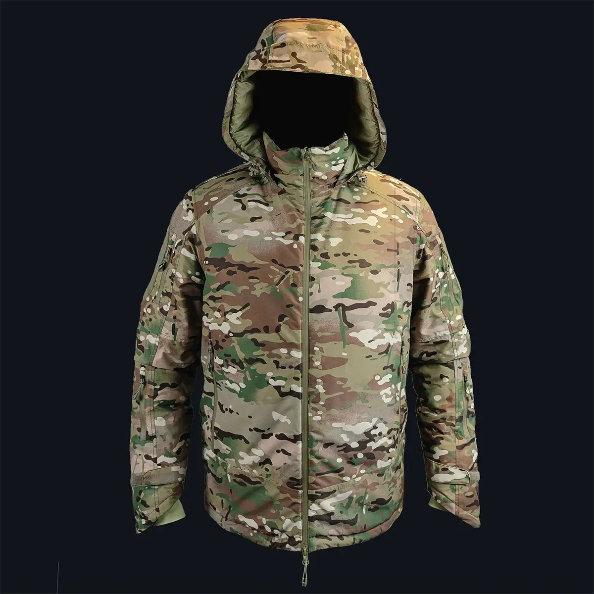 Stoirm Mission Primaloft Waterproof Jacket Multicam front view on dark background emphasizing durable construction and weatherproof features.