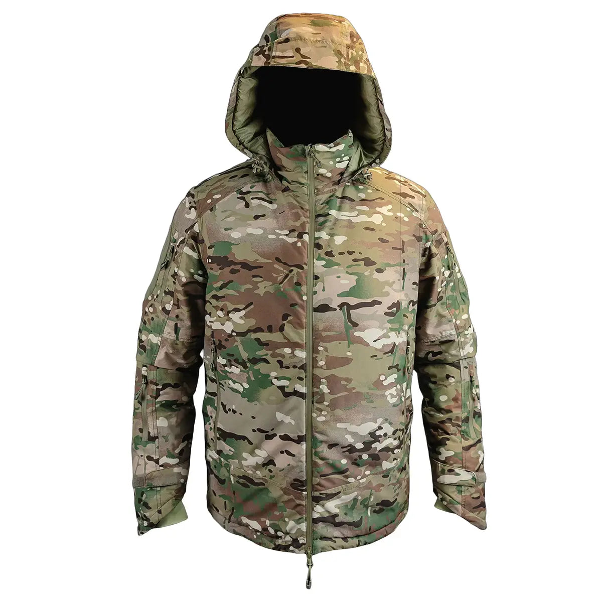Stoirm Mission Primaloft Waterproof Jacket Multicam front view showing tactical design and hooded windbreaker style for cold weather performance.