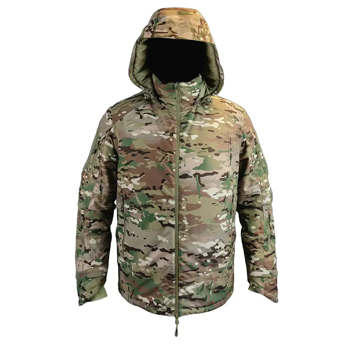 Stoirm Mission Primaloft Waterproof Jacket Multicam front view showing tactical design and hooded windbreaker style for cold weather performance.  from  John Bull Clothing 