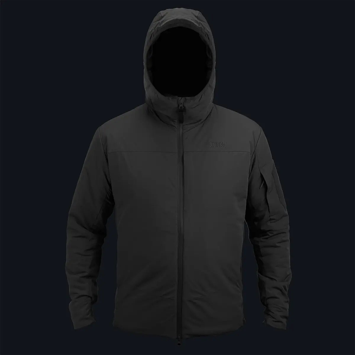 Front view of Highlander Stoirm Primaloft Thermal Jacket in black, insulated outerwear for professionals in harsh environments.