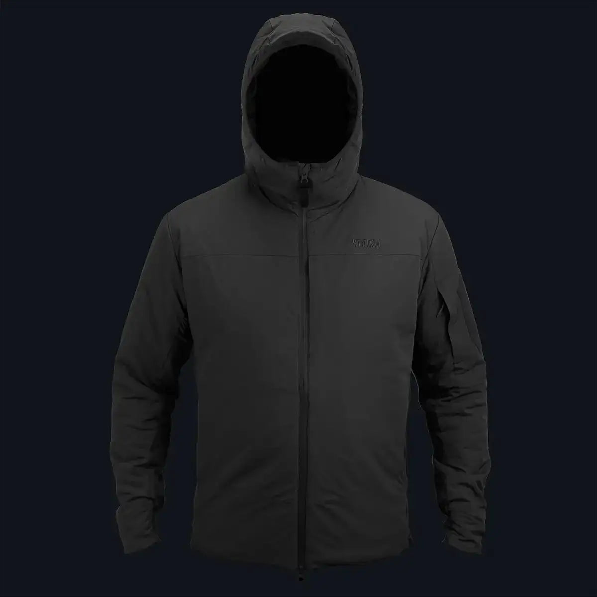 Front view of Highlander Stoirm Primaloft Thermal Jacket in black, insulated outerwear for professionals in harsh environments. Black from  John Bull Clothing 