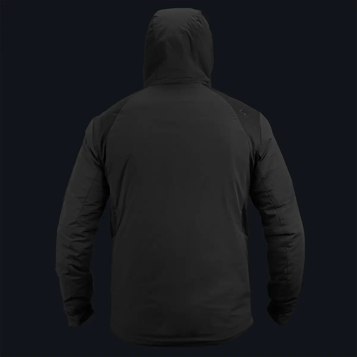 Back view of Highlander Stoirm Primaloft Thermal Jacket in black, showcasing full-coverage hood and durable construction.