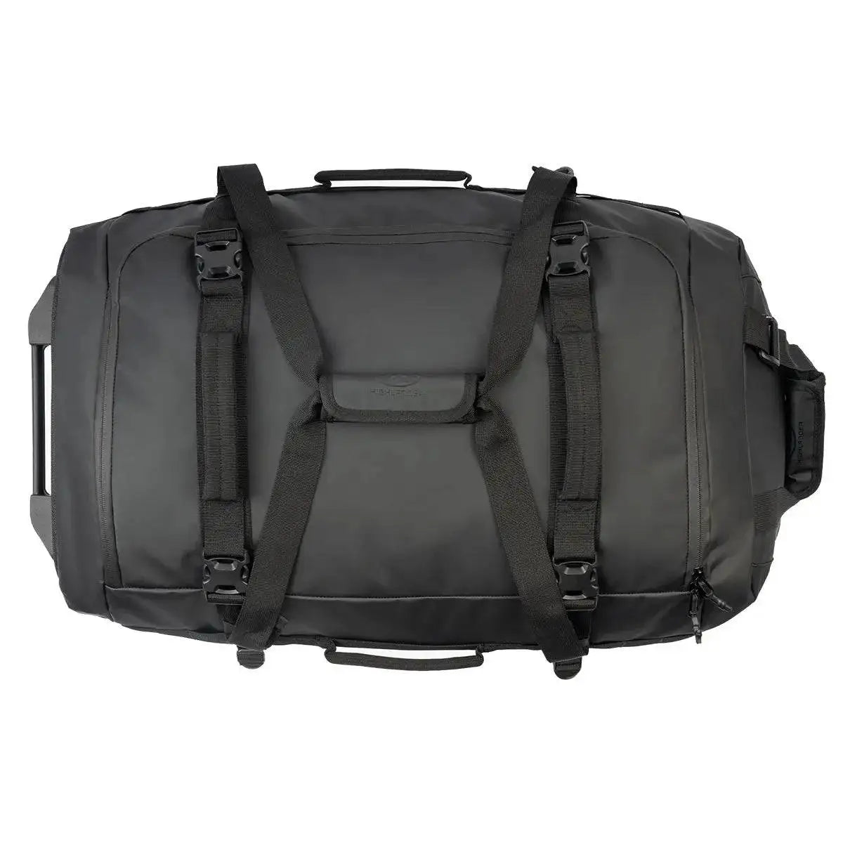 Top view of the Highlander The Trailer 100 Litre Duffel Bag Black, displaying its multiple handles, backpack straps, and spacious main compartment.  from  John Bull Clothing 