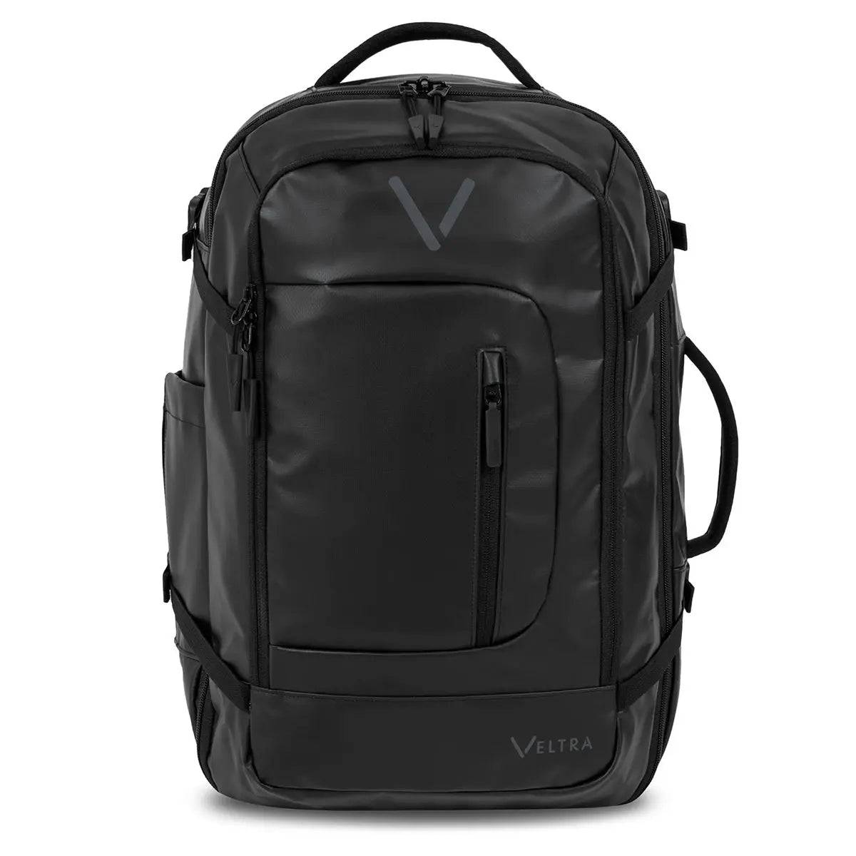 Highlander Veltra 44L Cabin Bag Black with multiple compartments, front zippered pocket, and durable handles for travel convenience.