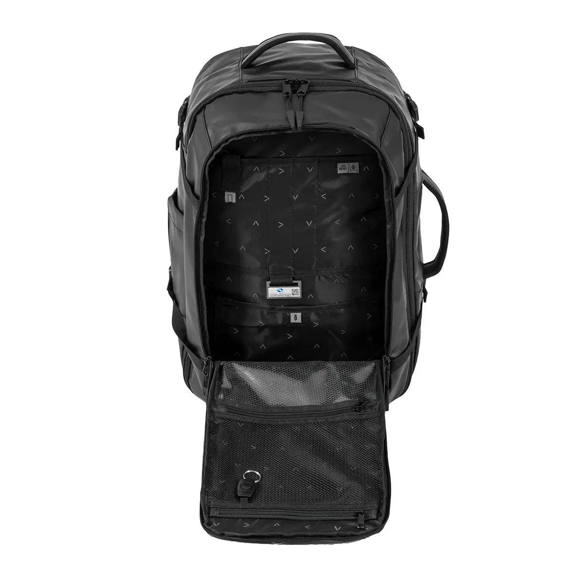 Interior view of Highlander Veltra 44L Cabin Bag Black displaying spacious compartments, mesh pockets, and an Okoban tag for security.