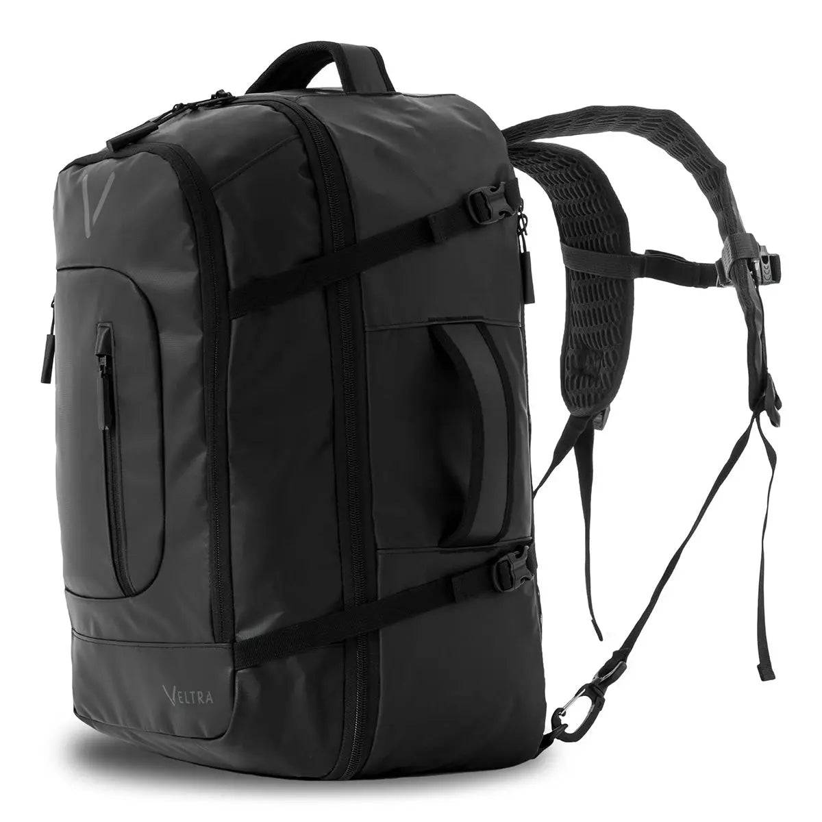 Side view of Highlander Veltra 44L Cabin Bag Black showcasing adjustable padded shoulder straps and reinforced side handles.