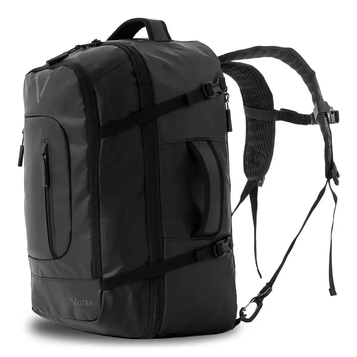 Side view of Highlander Veltra 44L Cabin Bag Black showcasing adjustable padded shoulder straps and reinforced side handles.  from  John Bull Clothing 