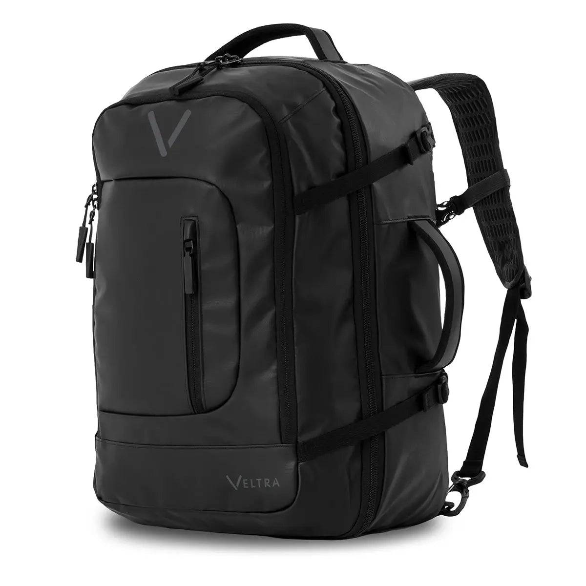 Three-quarter front view of Highlander Veltra 44L Cabin Bag Black with durable zippers, multiple compartments, and reinforced carrying handles.