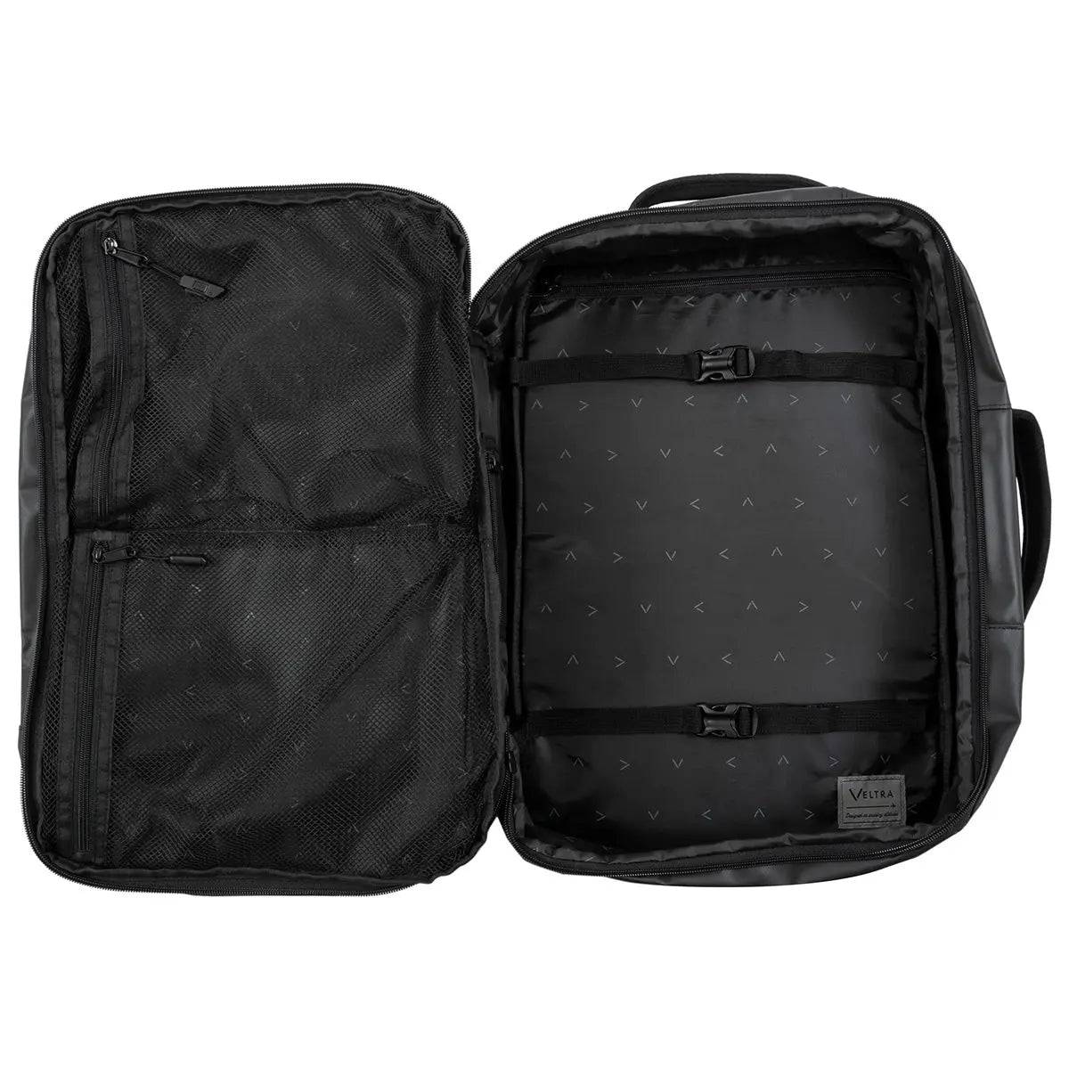 Fully opened Highlander Veltra 44L Cabin Bag Black revealing organized storage space with compression straps and zippered mesh pockets.