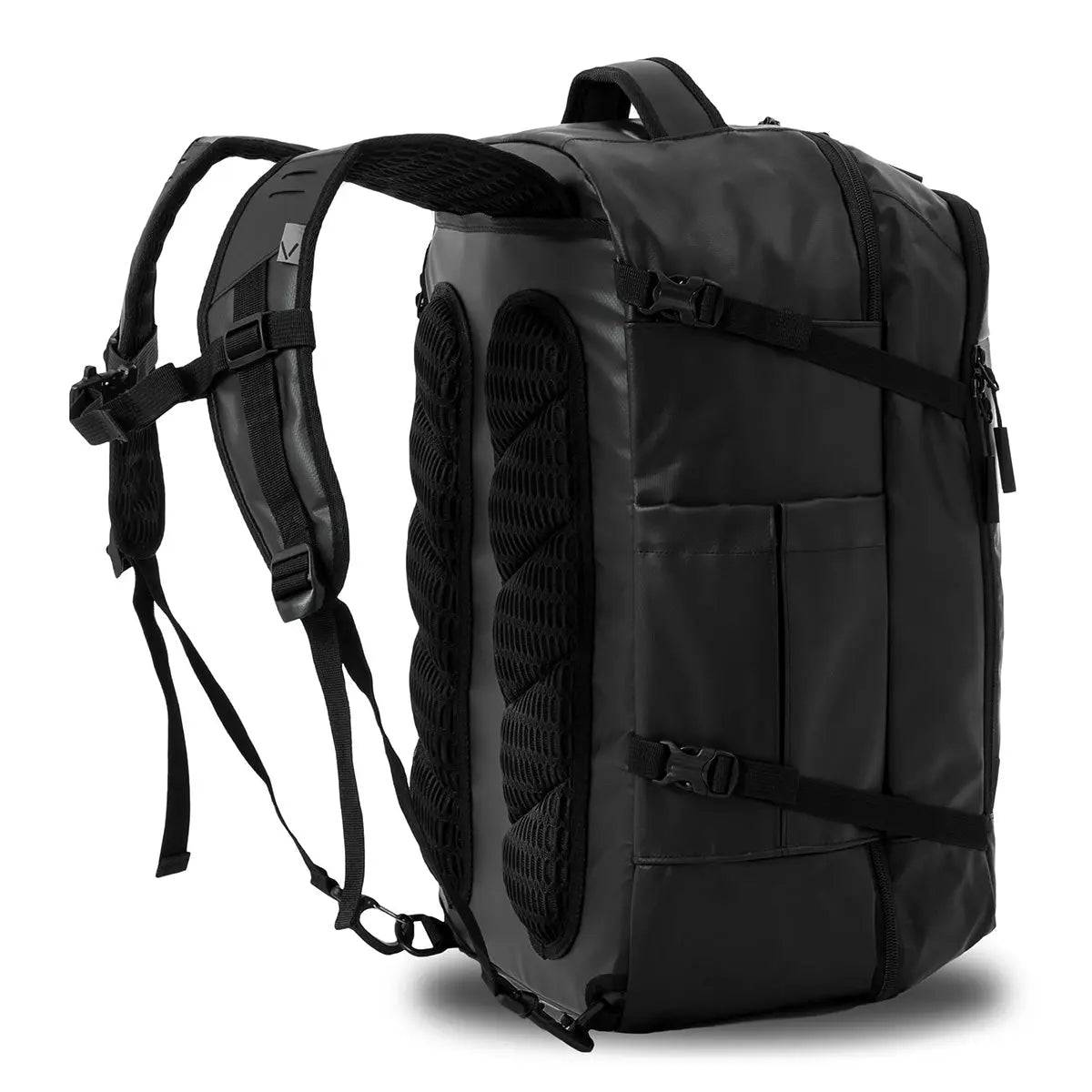 Angled back view of Highlander Veltra 44L Cabin Bag Black highlighting breathable back panel, adjustable straps, and side compression straps.
