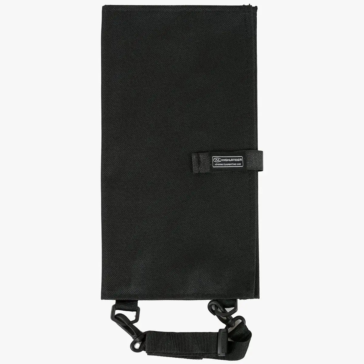 Back view of black Highlander Wanderer flexible map case with secure strap and clip, durable polyester fabric, compact design for outdoor navigation, SKU: JB1637