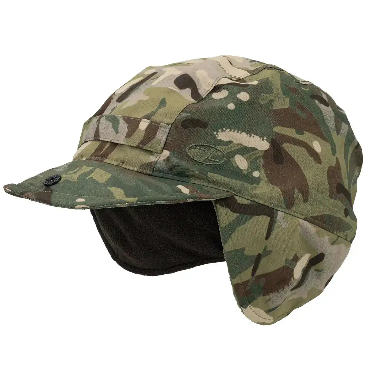 Highlander Dry Tech Mountain Waterproof Hat in camo with ear flaps and fleece lining, ideal for outdoor use in wet and cold conditions. HMTC from  John Bull Clothing 