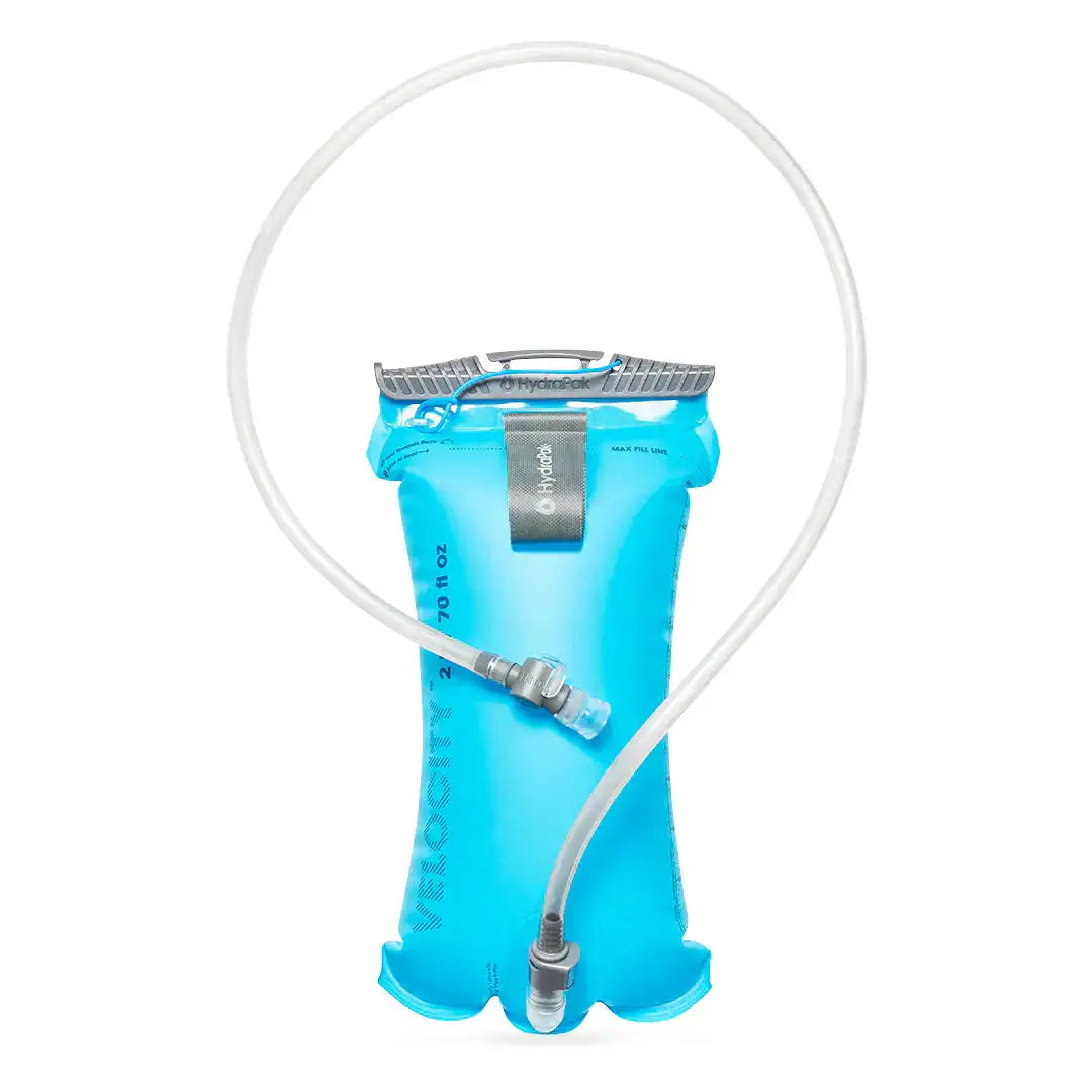 HydraPak Velocity Hydration Water Reservoir with hose fully extended, designed for efficient hydration during outdoor recreation and sports. 2L from  John Bull Clothing 
