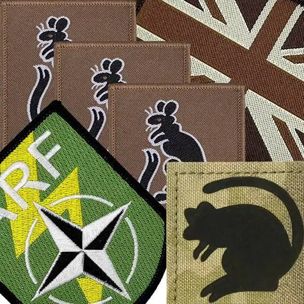 A collage of embroidered military-style patches: four tan rectangular patches with a black pronghorn motif, a green diamond patch with a black-and-white star and yellow accents, a tan square patch with a black pronghorn silhouette, and a brown-and-beige Union Jack style patch in the background.