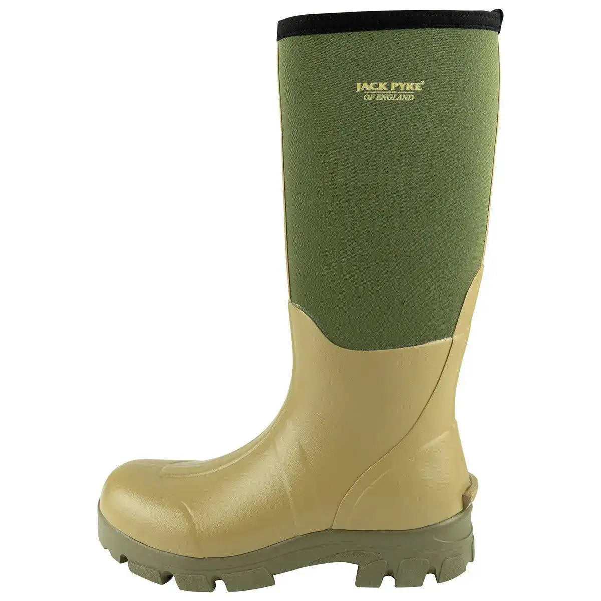 Side profile of the Jack Pyke Ashcombe Neoprene Wellie Boot in Green, highlighting its ergonomic design and waterproof construction.  from  John Bull Clothing 
